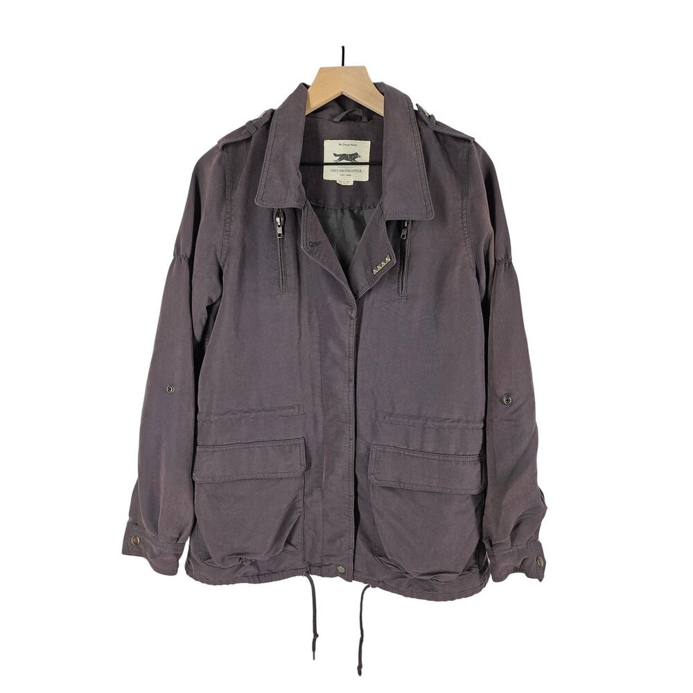 OBEY PROPAGANDA WOMEN’S GRAY MILITARY FULL-ZIP JACKET – SIZE L – DETACHABLE HOOD